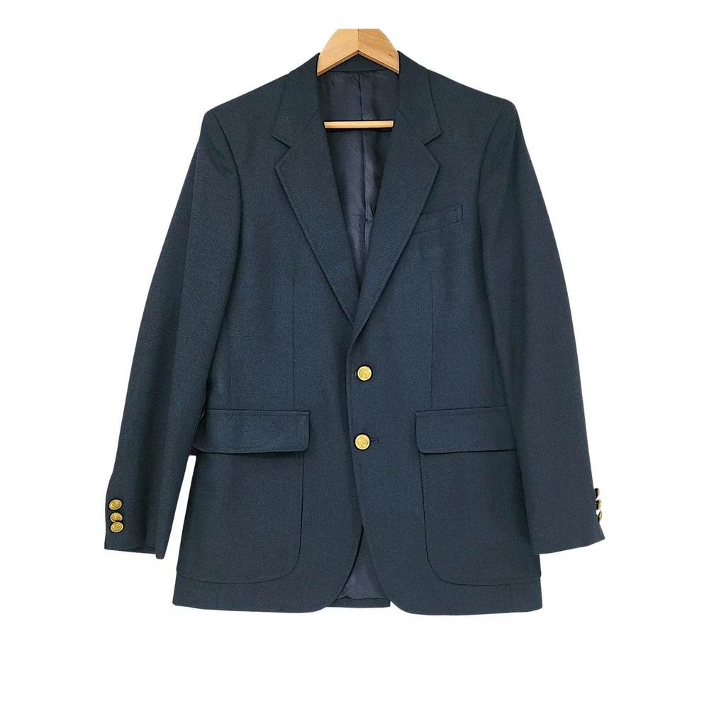 Vtg Woodmere Blazer 38R Men Navy Blue Gold Buttons Wool Poly Sport Coat Nautical